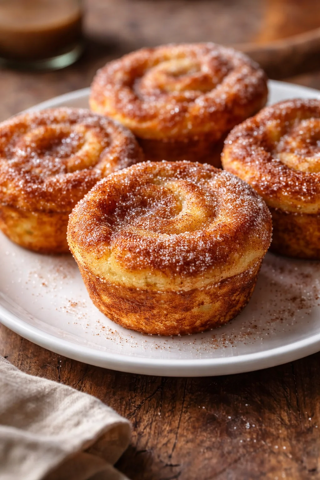 Cinnamon Sugar French Toast Muffins on a plate with a sprinkle of cinnamon