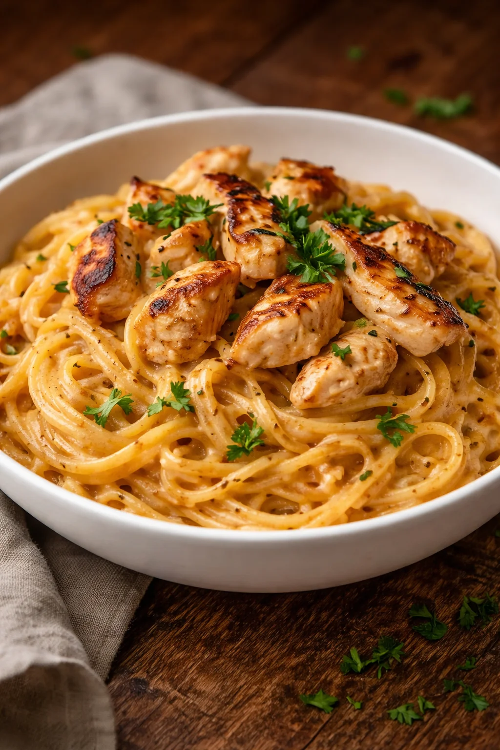 A bowl of Cowboy Butter Chicken Linguine topped with fresh herbs.