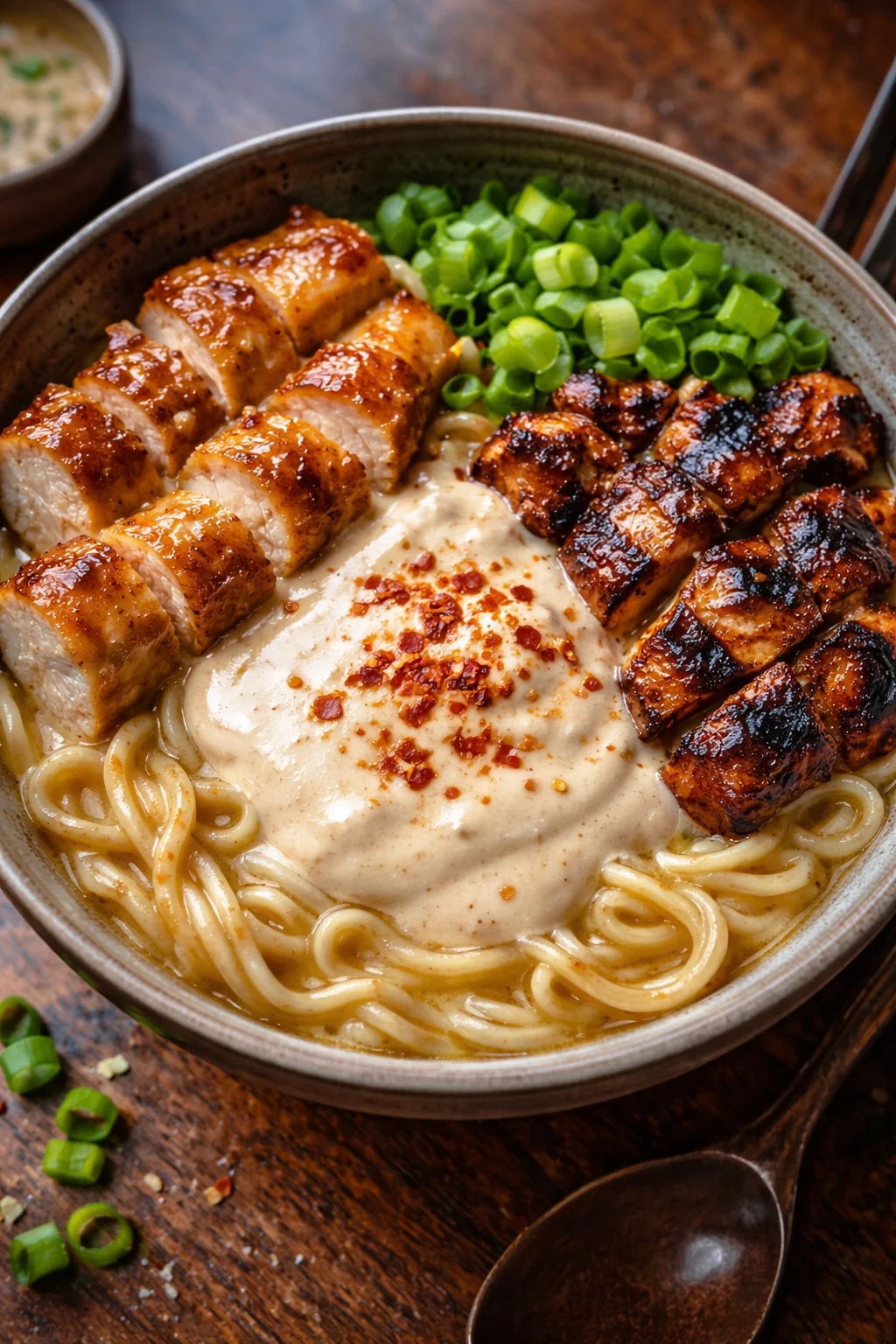 Bowl of rich and creamy chicken ramen topped with green onions and egg