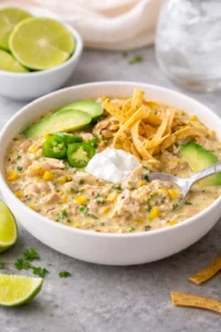 Creamy crockpot white chicken chili in a bowl garnished with cilantro.