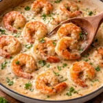 Creamy garlic shrimp served in a bowl, garnished with herbs.