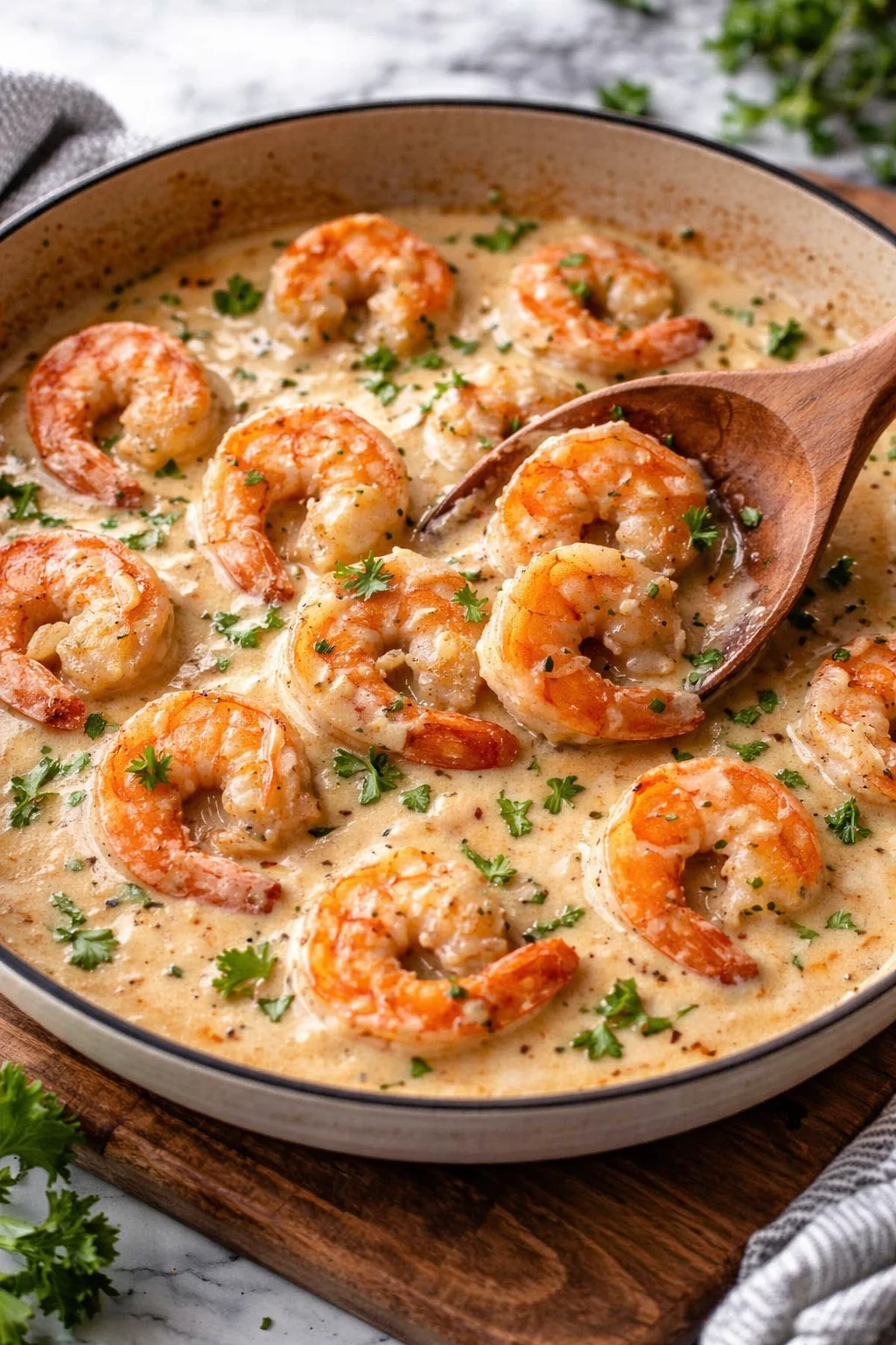 Creamy garlic shrimp served in a bowl, garnished with herbs.