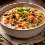 Creamy taco soup served in a bowl with toppings like cheese and cilantro.