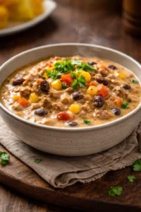 Creamy taco soup served in a bowl with toppings like cheese and cilantro.