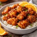Crispy orange chicken garnished with sesame seeds and green onions