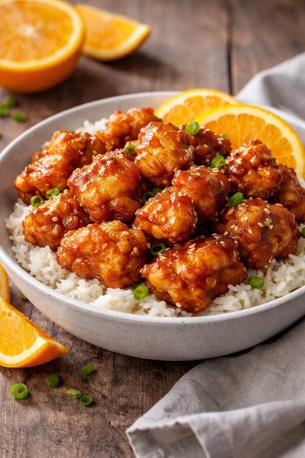 Crispy orange chicken garnished with sesame seeds and green onions