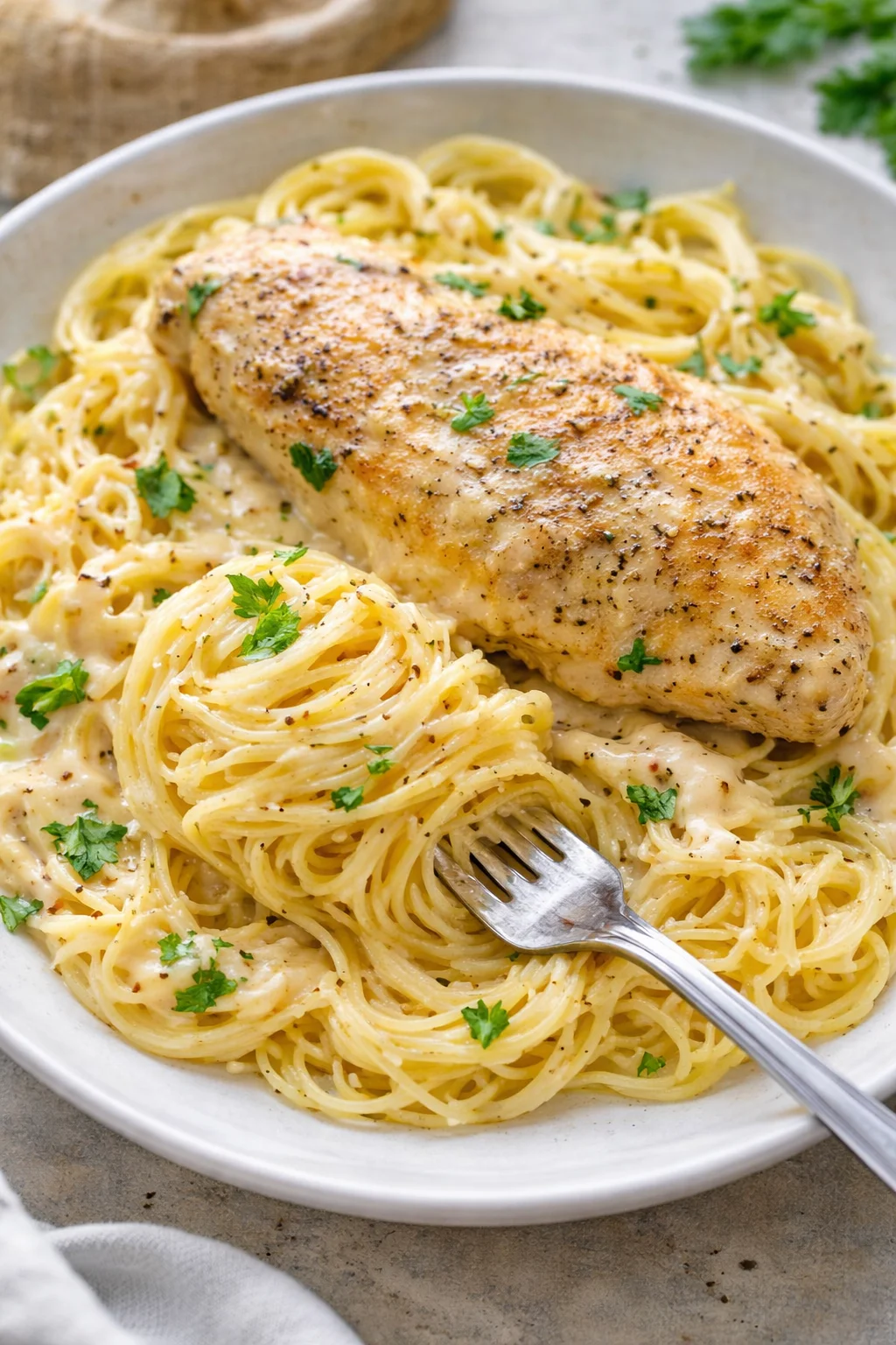 Crock Pot Angel Chicken recipe served with creamy sauce and herbs.