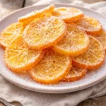 Dehydrated candied oranges in a decorative bowl.