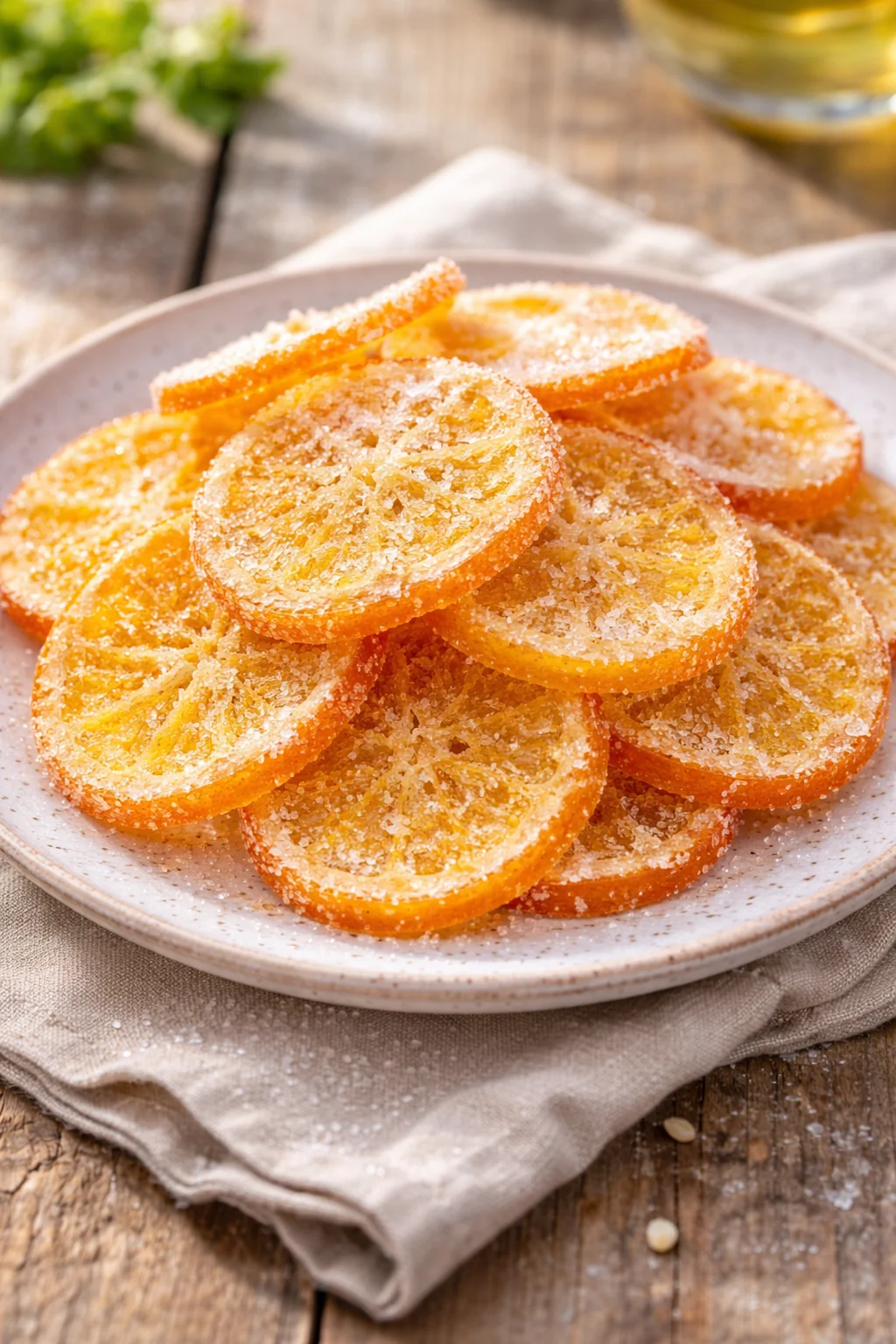 Dehydrated candied oranges in a decorative bowl.