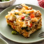 Easy make ahead breakfast casserole with eggs, cheese, and vegetables ready for baking.