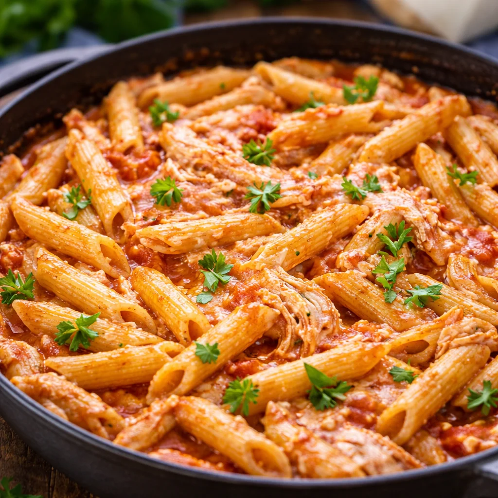 A colorful bowl of easy 30 minute chicken pasta with vegetables and sauce.