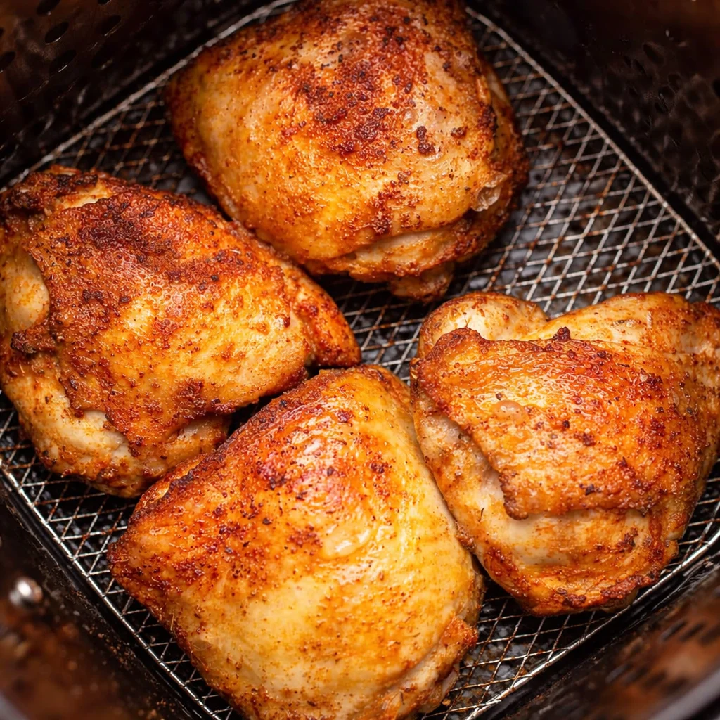 Crispy air fryer chicken thighs cooked to perfection with juicy and flavorful seasoning.