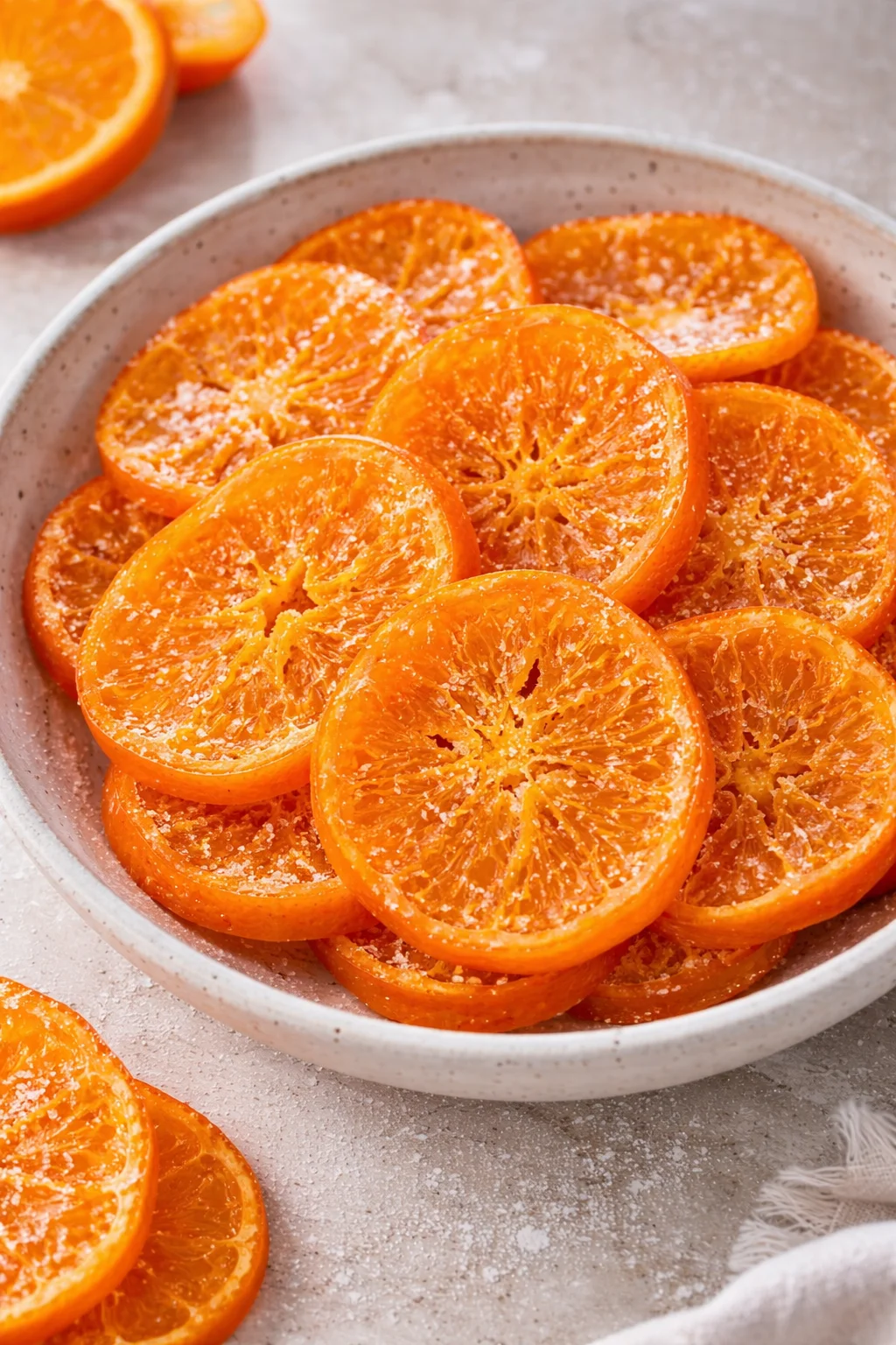 Plate of easy candied orange slices garnished with mint leaves