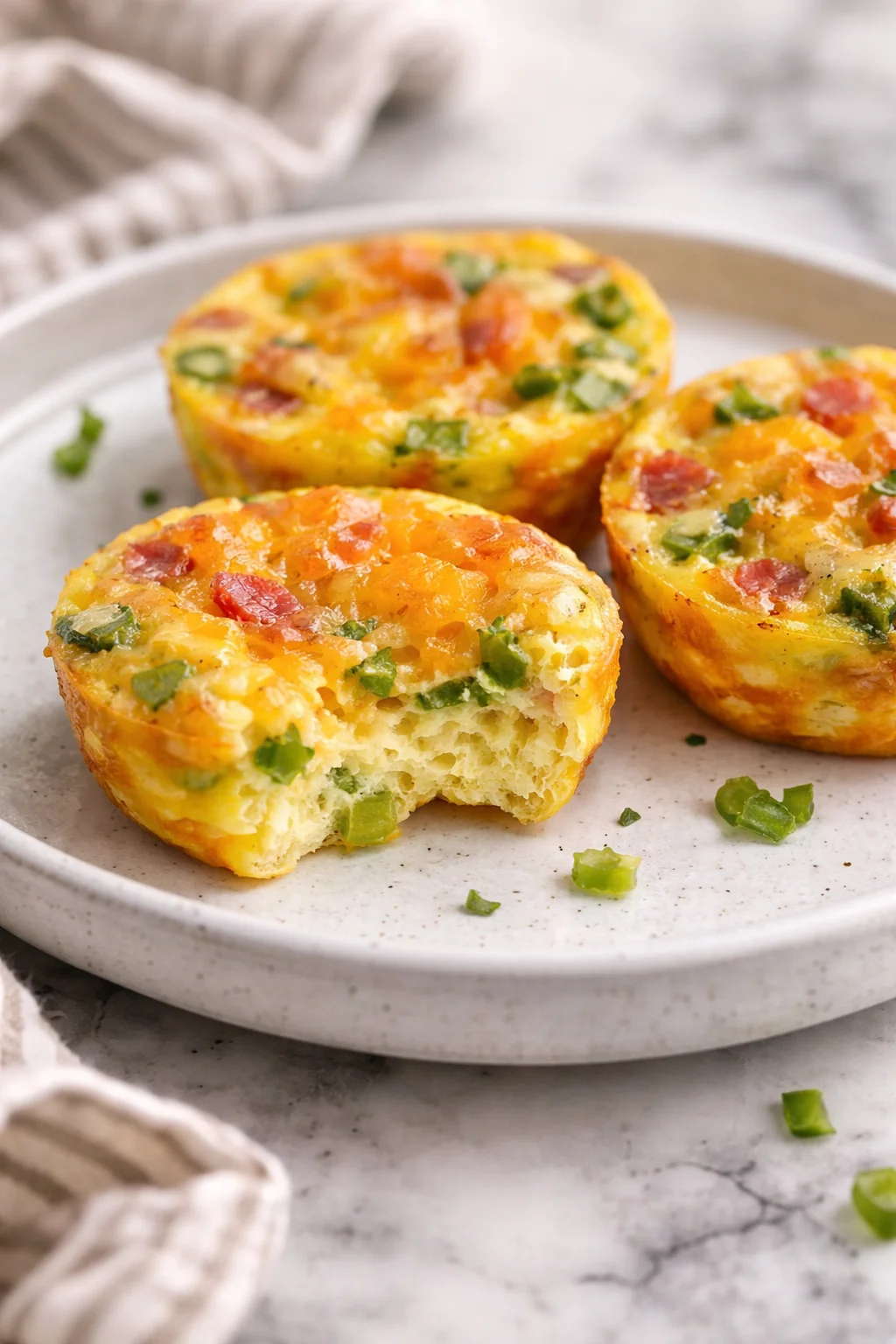 Easy egg bites served on a plate with vegetables and cheese