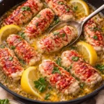 Garlic butter poached lobster tails served on a white plate with herbs