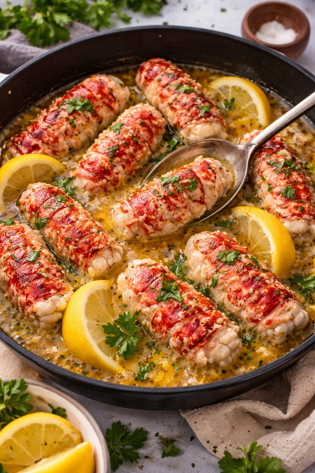 Garlic butter poached lobster tails served on a white plate with herbs