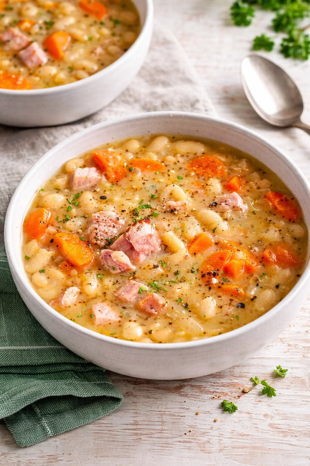 A bowl of easy ham and bean soup garnished with herbs and served with bread.