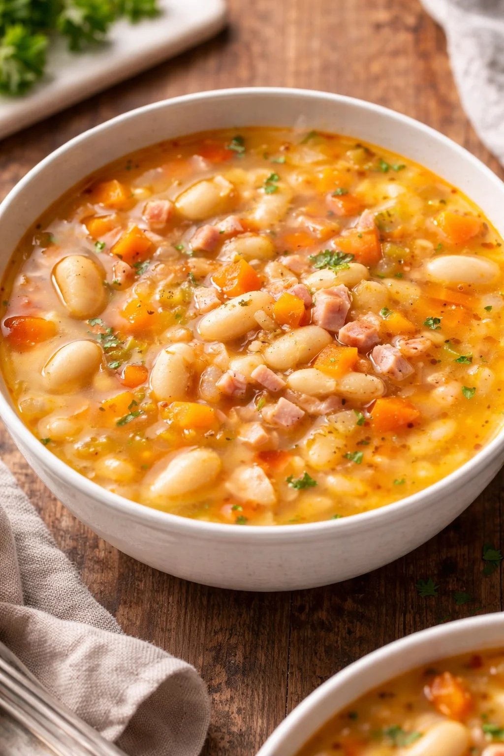 Bowl of easy ham and bean soup with fresh ingredients