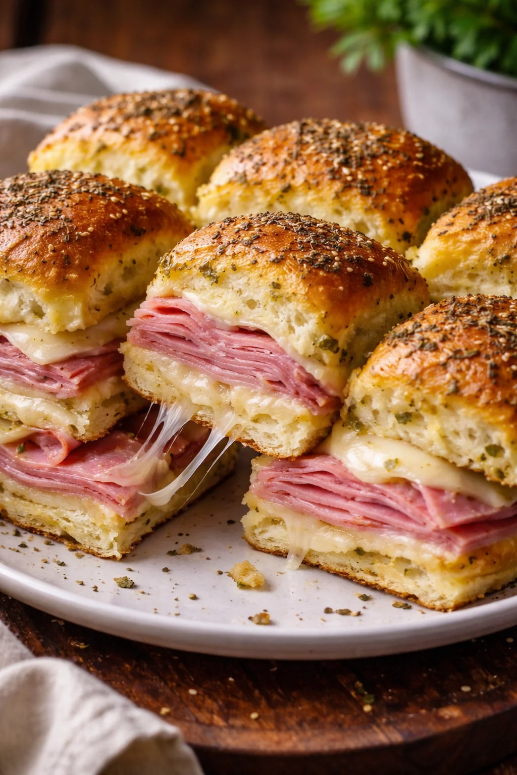 Delicious ham and swiss sliders served on a platter