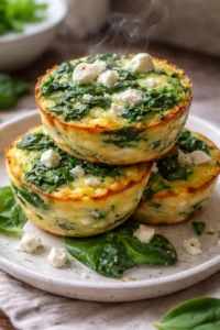Healthy egg muffins with spinach and feta baked in a muffin tin.