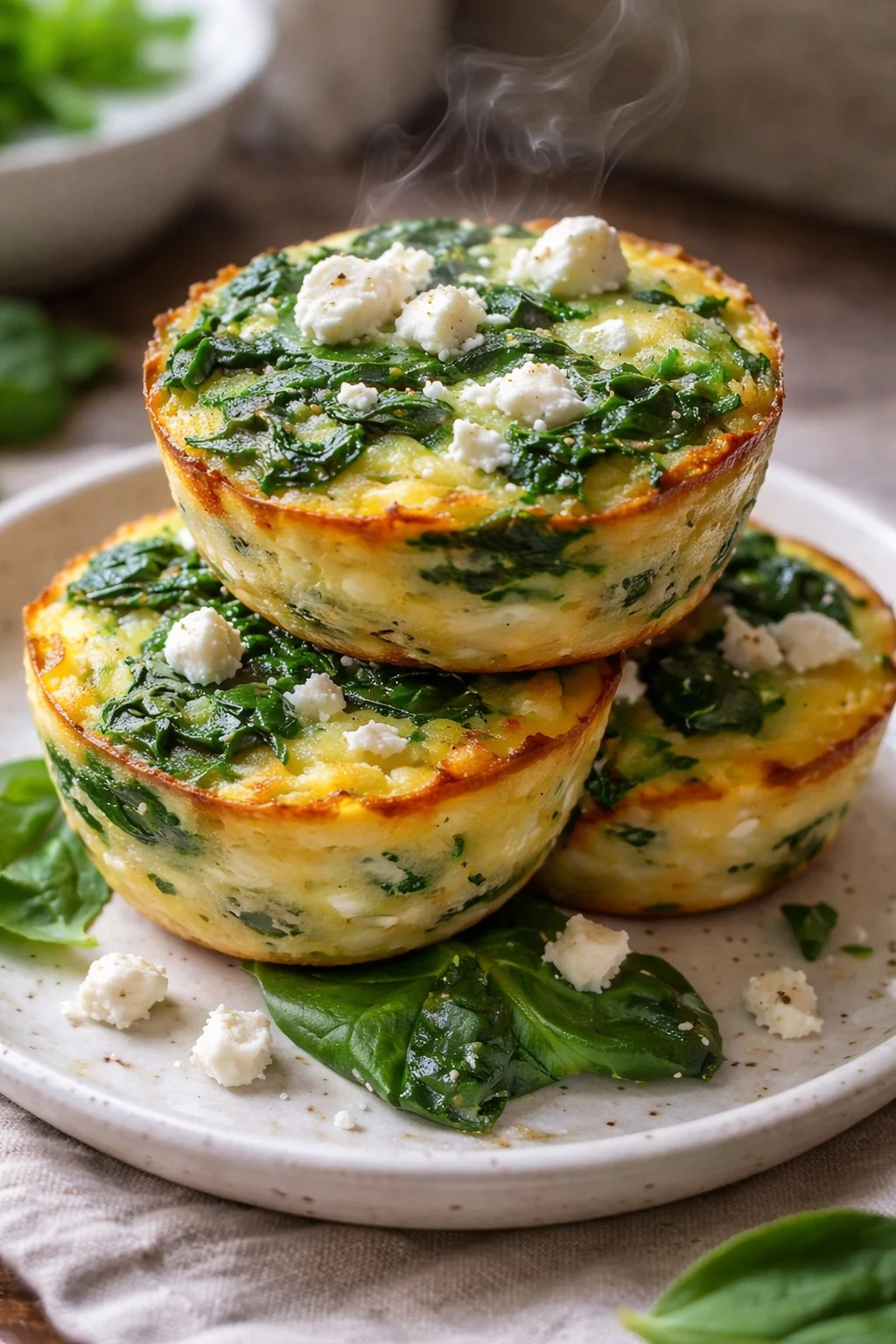 Healthy egg muffins with spinach and feta baked in a muffin tin.