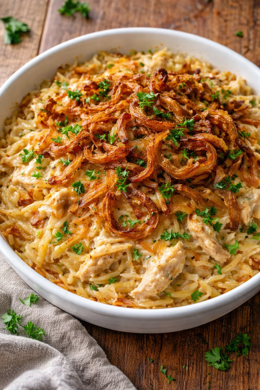 French Onion Chicken Orzo Casserole dish ready to serve, topped with melted cheese.