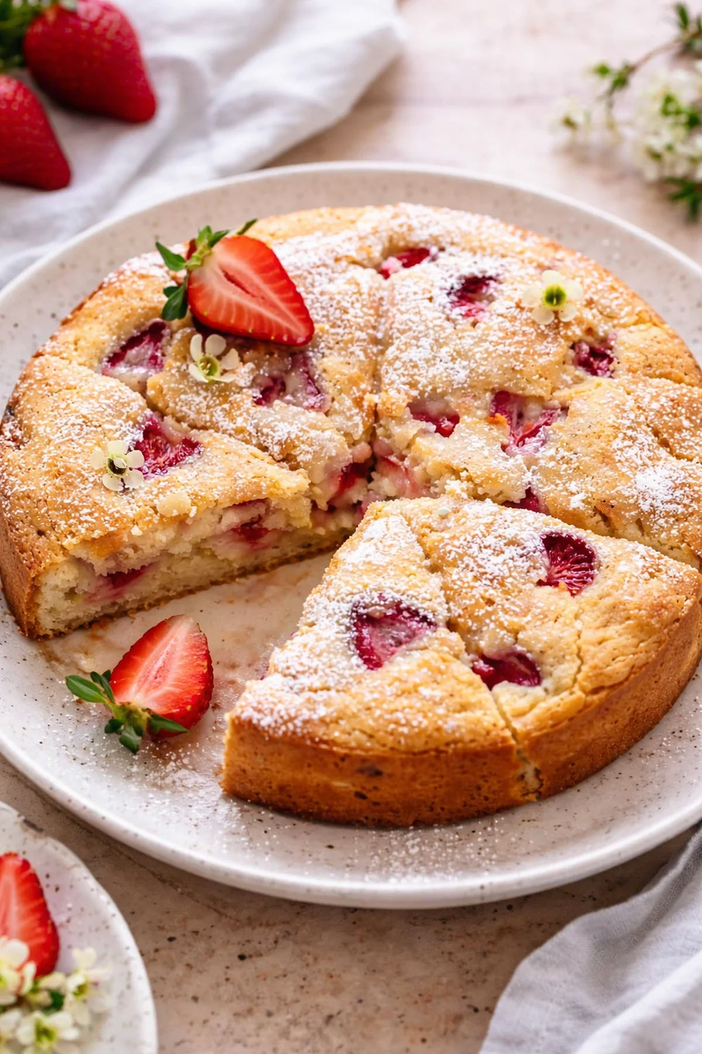 Deliciously layered French Strawberry Cake topped with fresh strawberries.