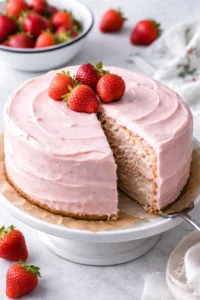 Delicious fresh strawberry cake topped with whipped cream and fresh strawberries