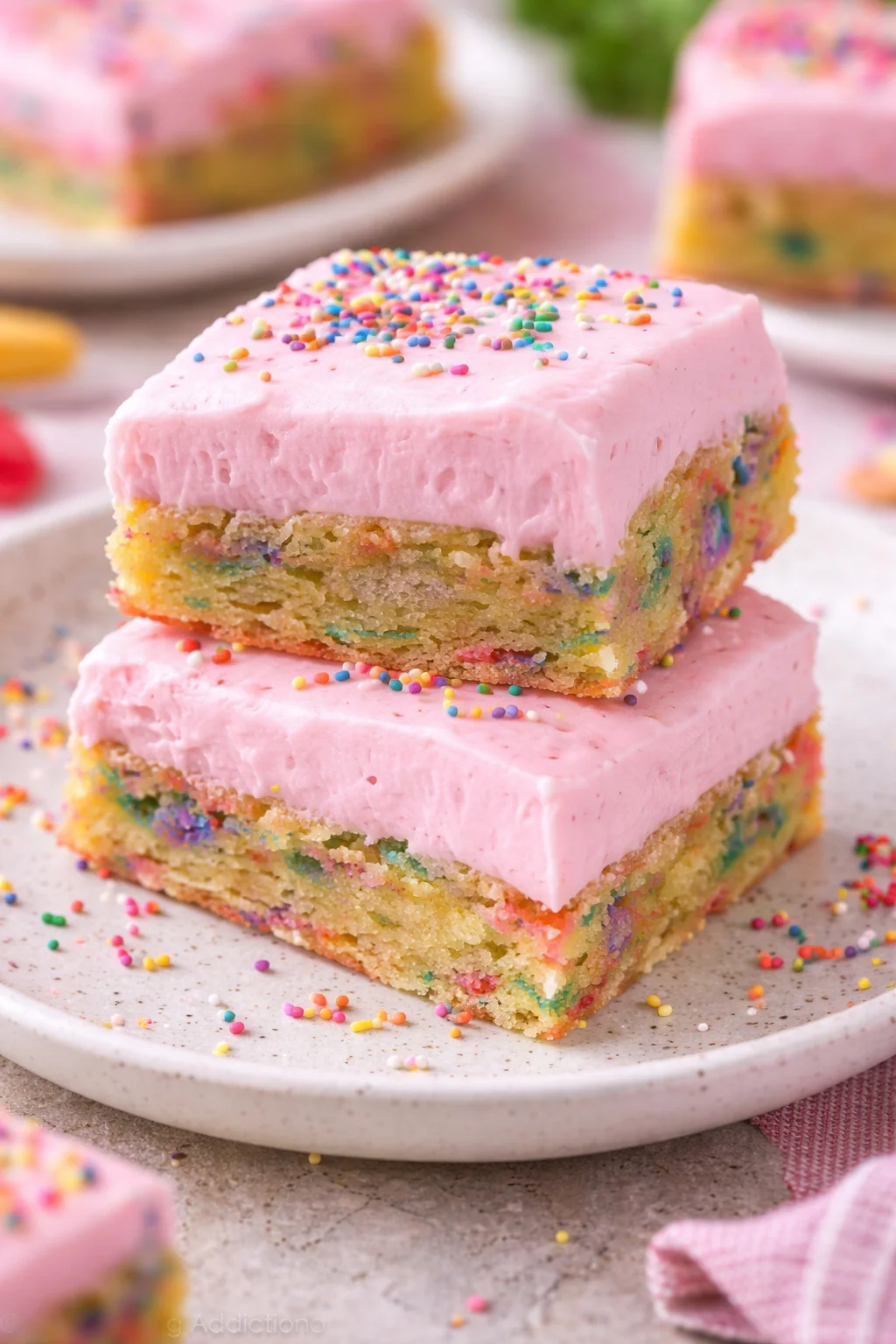 Delicious frosted sugar cookie bars topped with colorful frosting