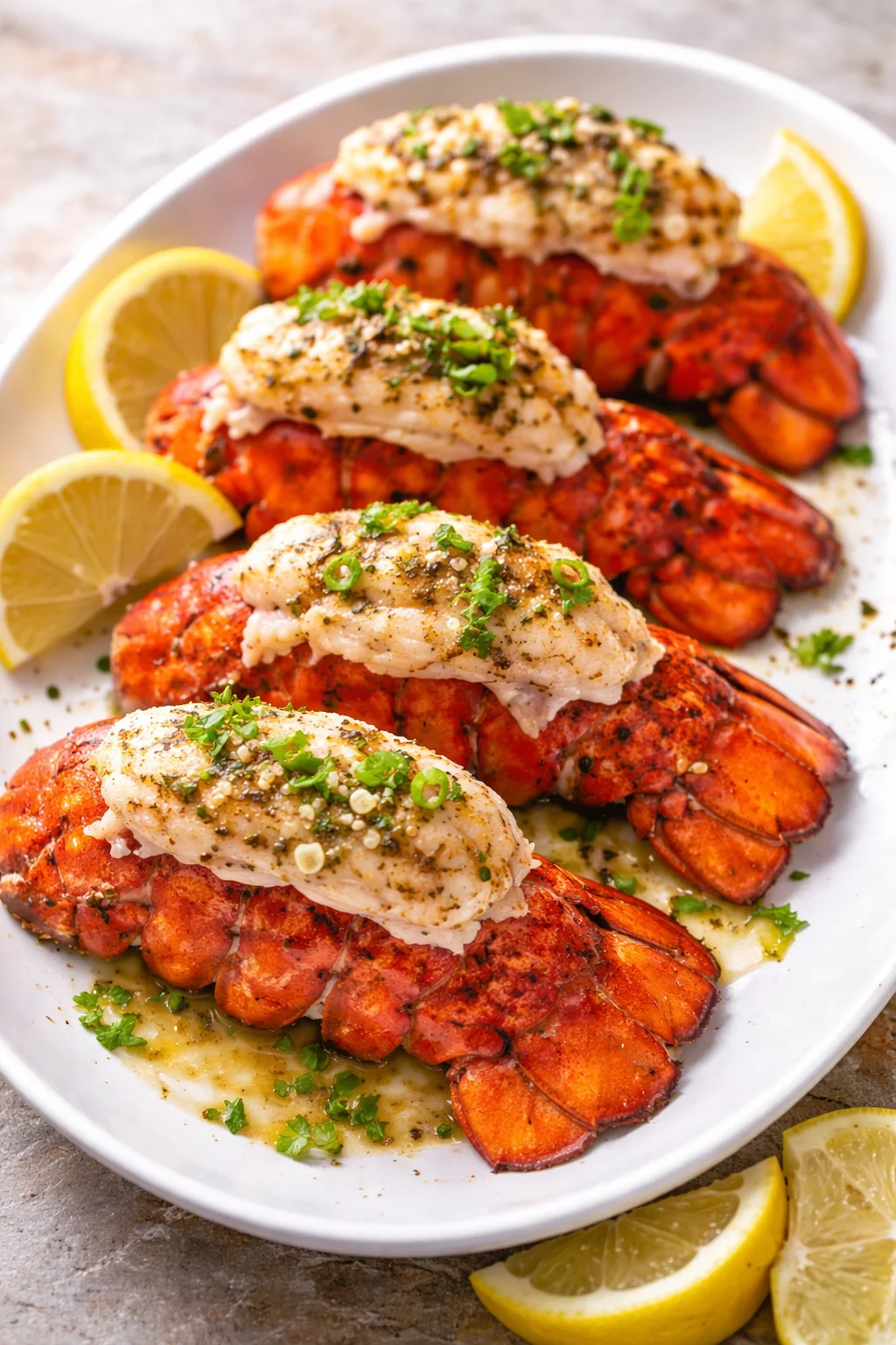 Delicious Garlic Butter Lobster Tails served with herbs and lemon wedges