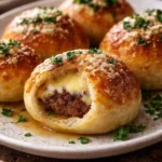 Garlic Parmesan Cheeseburger Bombs served with dipping sauce