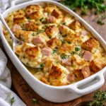 Delicious green bean casserole topped with crispy onions and creamy sauce