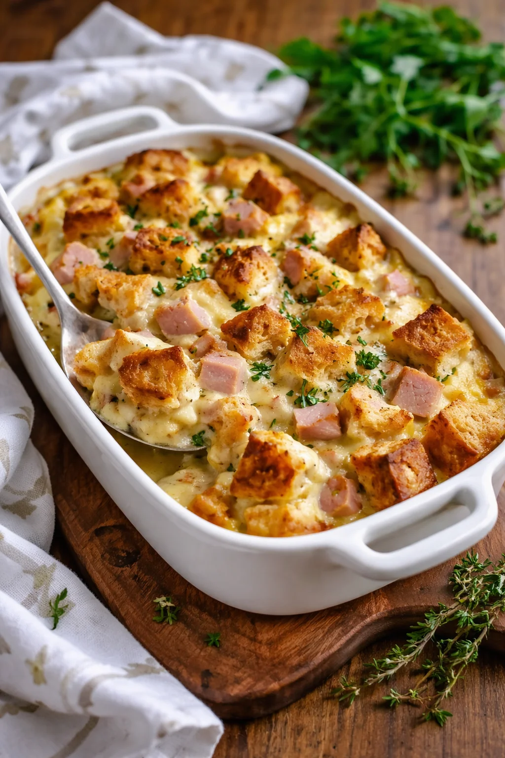 Delicious green bean casserole topped with crispy onions and creamy sauce