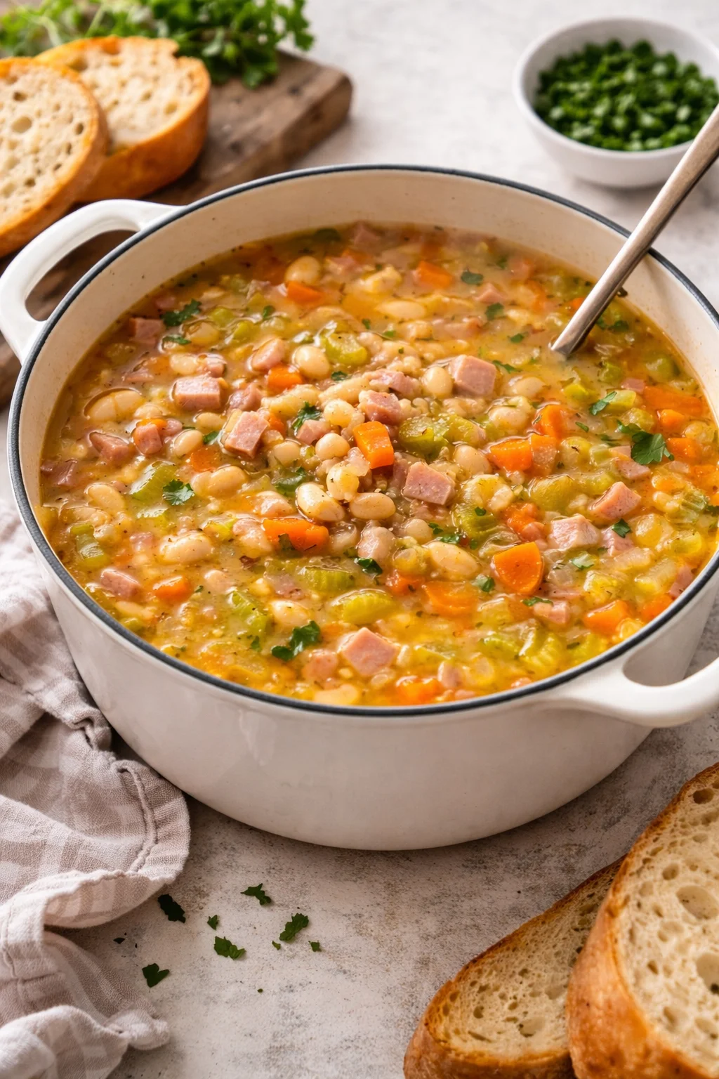 Bowl of hearty Ham and Bean Soup garnished with herbs