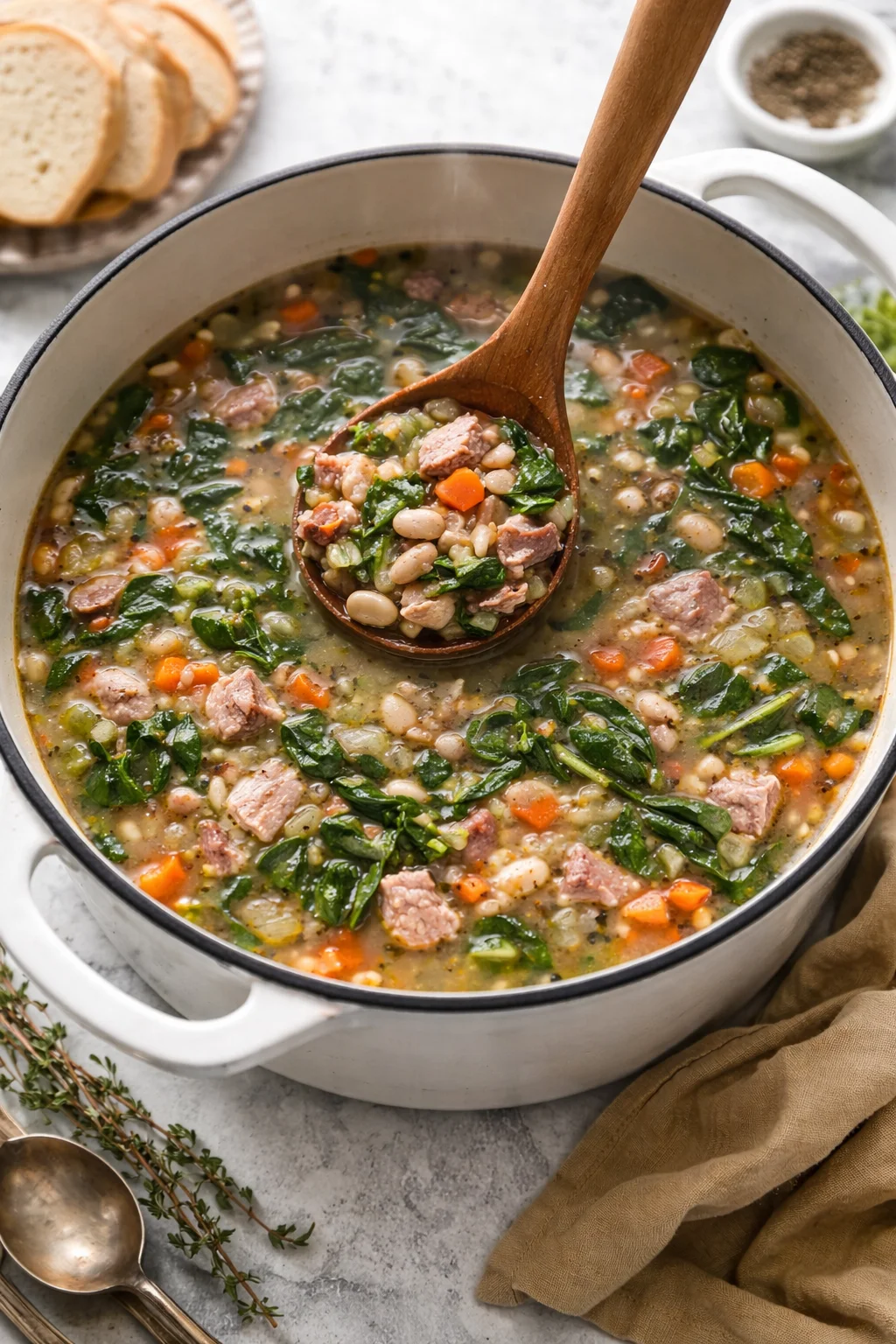 Bowl of homemade ham and bean soup garnished with herbs.