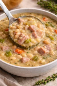A bowl of delicious Ham and Bean Soup garnished with herbs and served with bread.