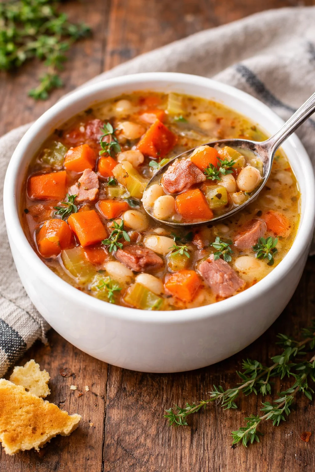 Bowl of hearty ham and bean soup topped with parsley