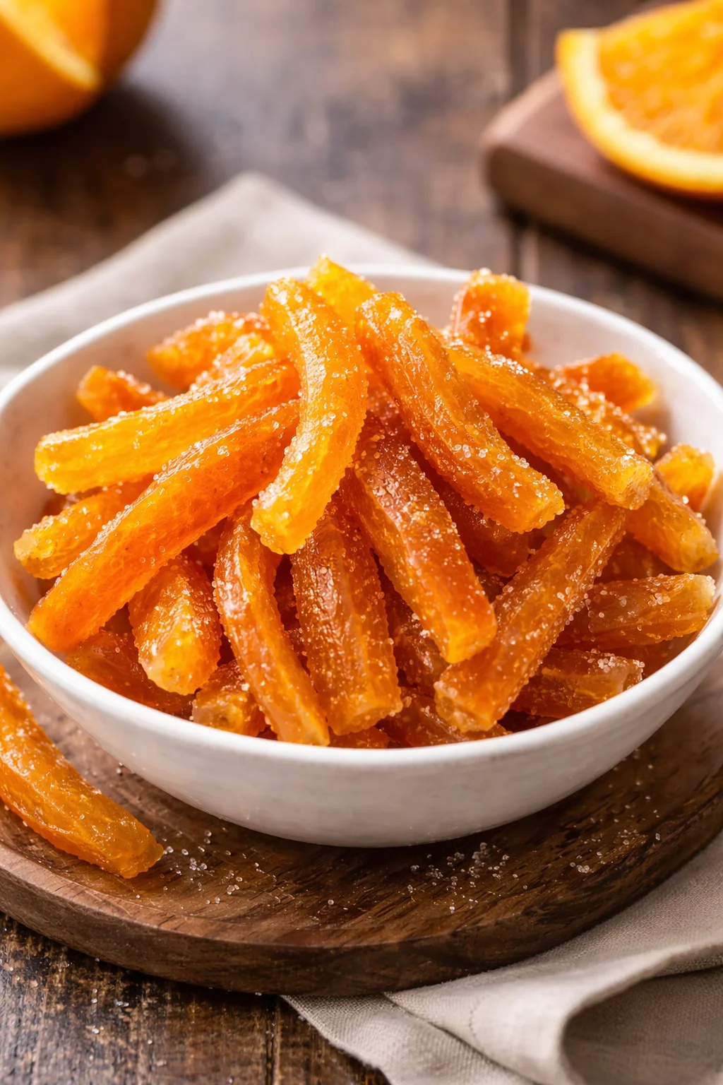 Homemade candied orange peel arranged on a plate with vibrant colors