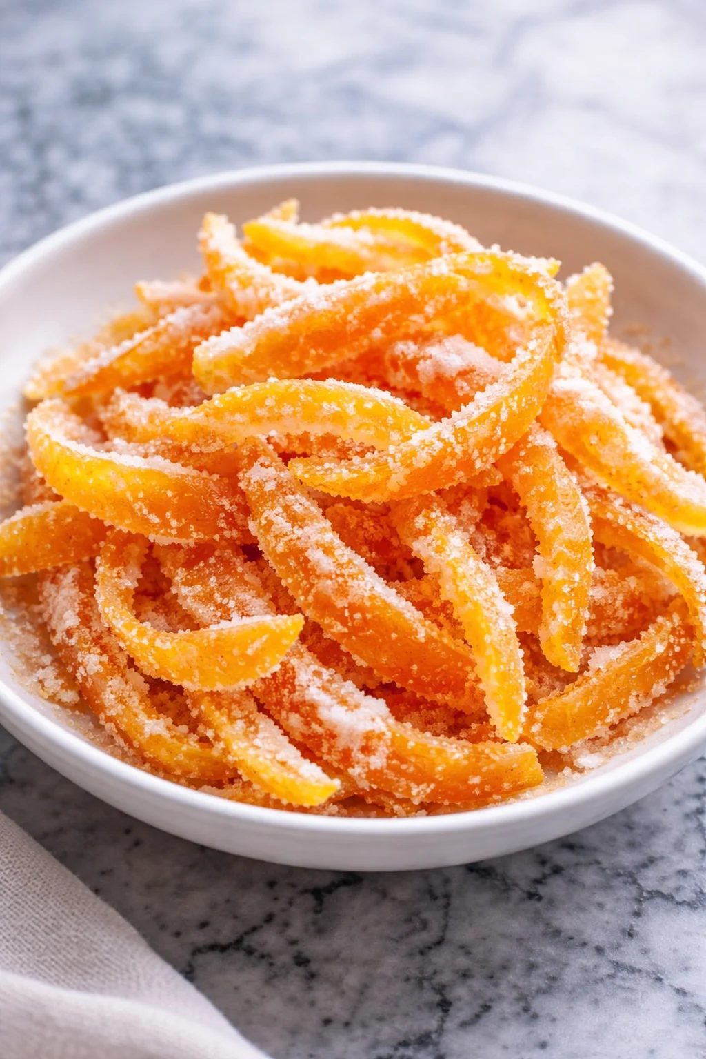 Homemade candied orange peels on a white plate