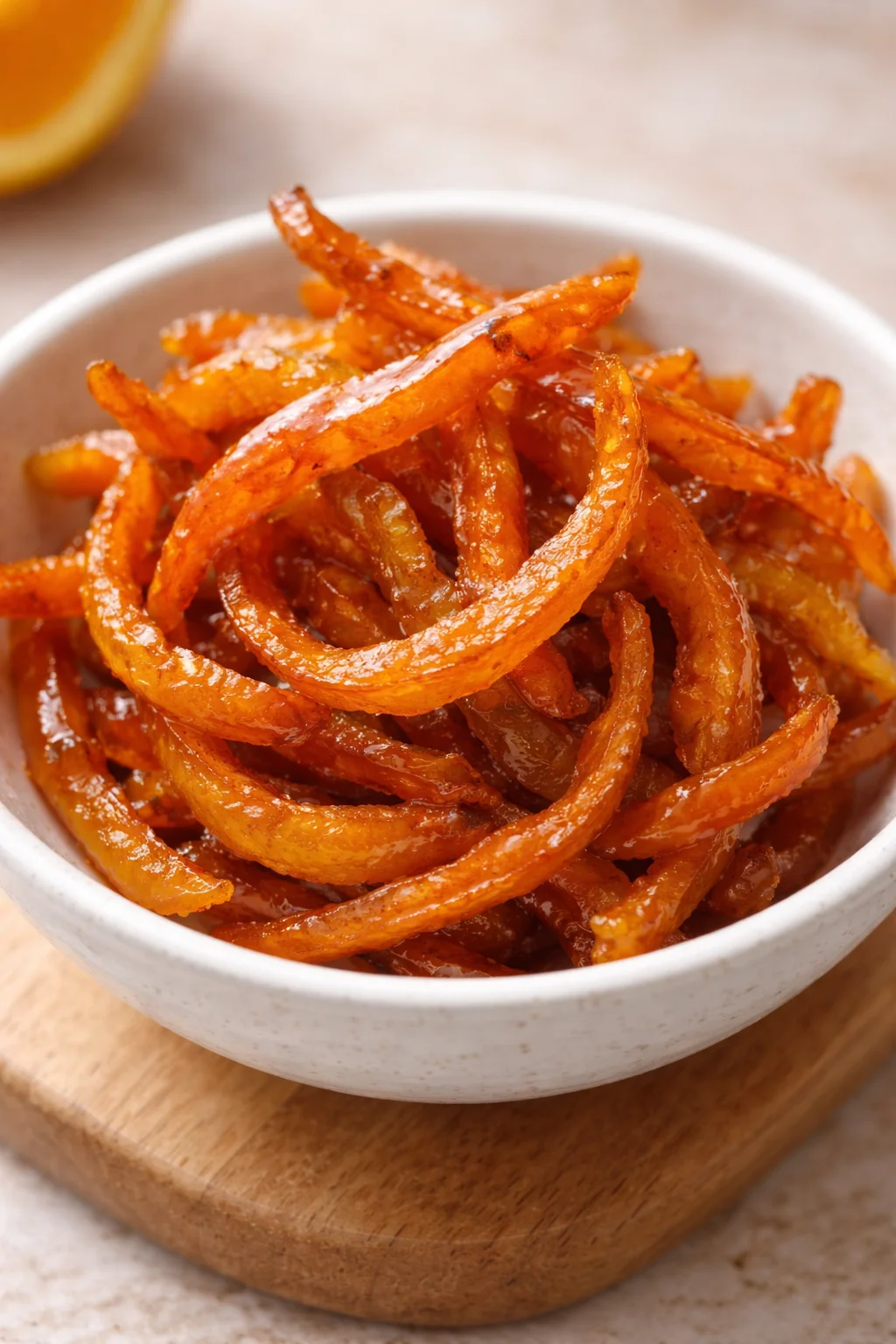 Homemade candied orange peels in a glass jar on a wooden table