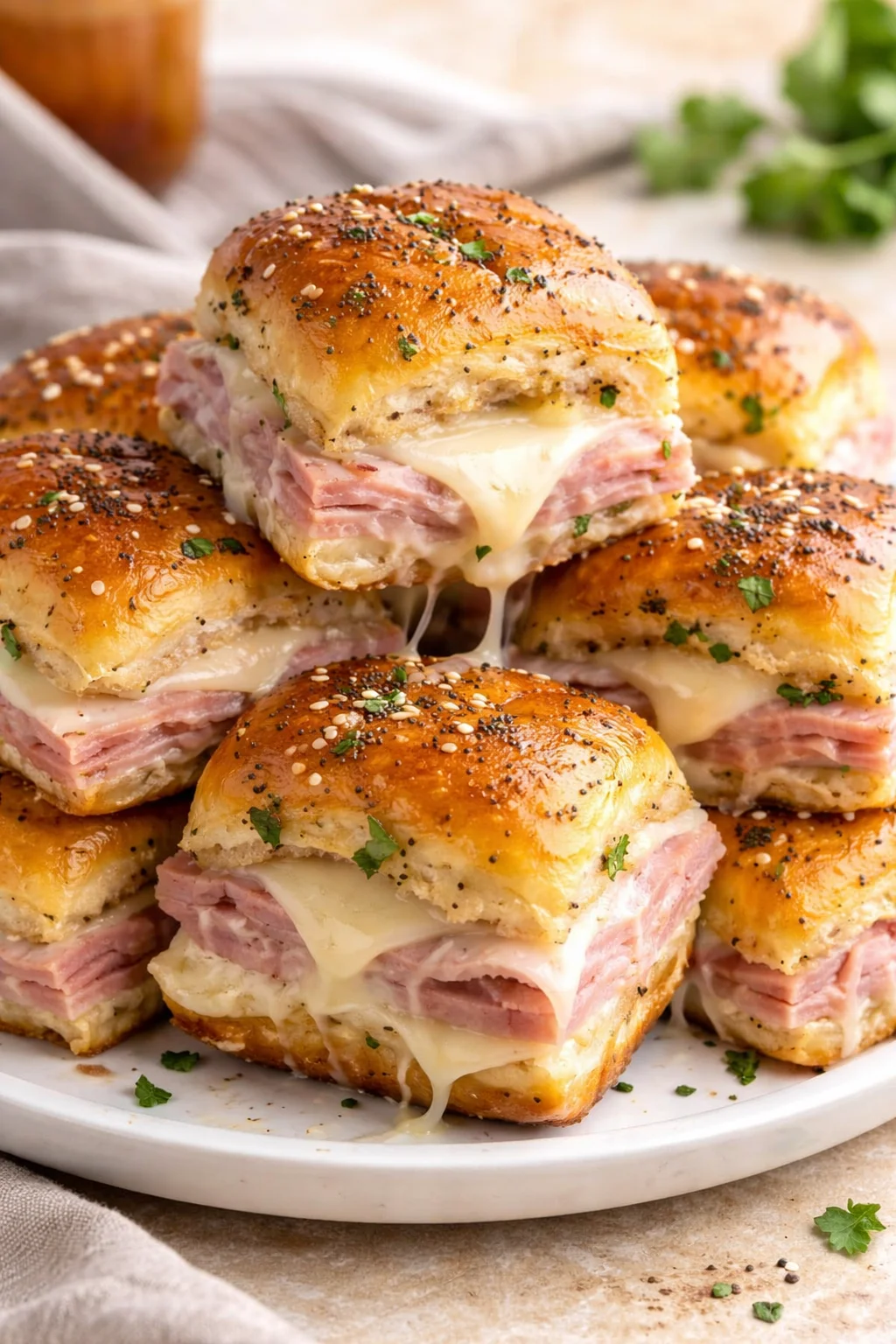 Hot ham and cheese sliders served on a platter with melted cheese and ham