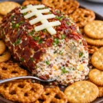 Jalapeño Popper Football Cheese Ball served with crackers and peppers