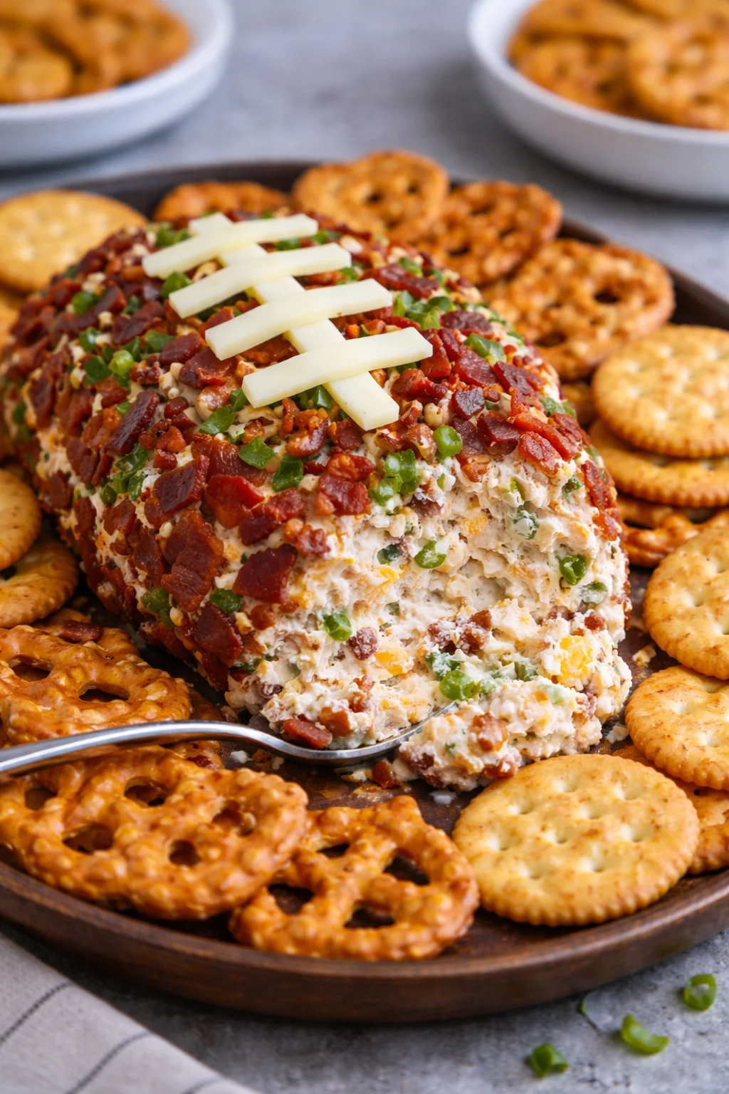 Jalapeño Popper Football Cheese Ball served with crackers and peppers