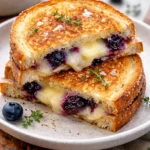 Juicy blueberry grilled cheese sandwich with melty cheese and fresh blueberries