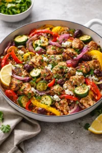 Colorful Mediterranean chicken stir fry with vegetables in a skillet