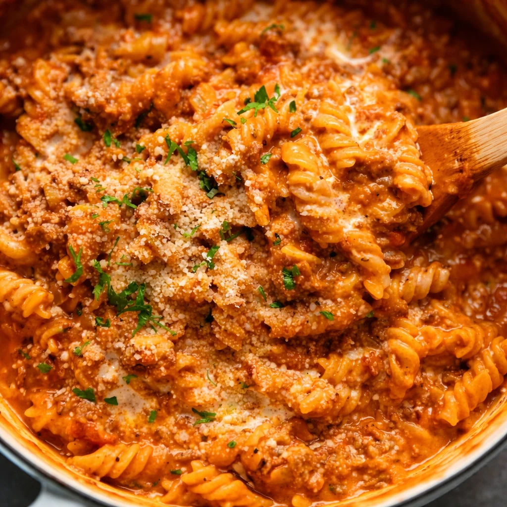 One pot creamy beef pasta served with cheese and parsley, an easy weeknight meal.