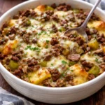 Delicious Philly Cheese Steak Casserole served in a baking dish