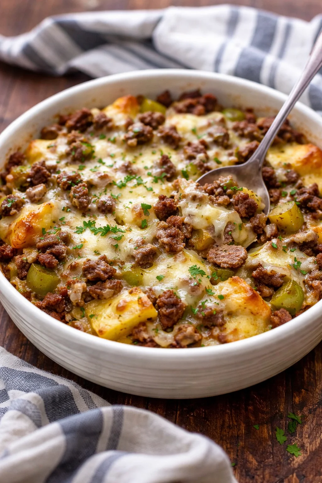 Delicious Philly Cheese Steak Casserole served in a baking dish