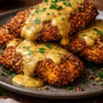 Pretzel chicken served with mustard cheddar sauce on a plate