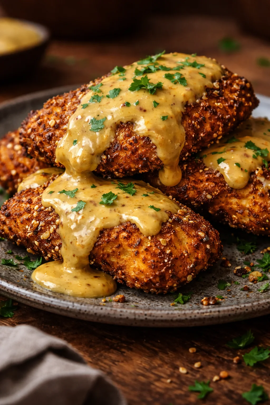 Pretzel chicken served with mustard cheddar sauce on a plate